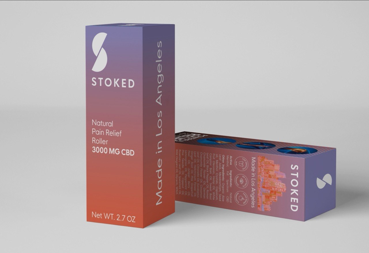 Stoked CBD Natural Pain Relief Roller custom retail box packaging 3D render